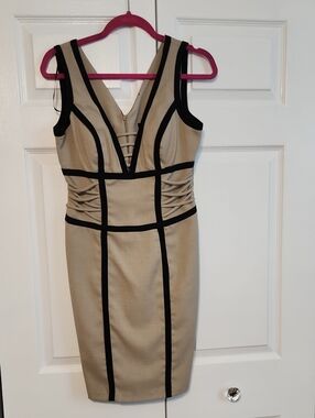 XOXO Beige Midi Dress with Black Trim